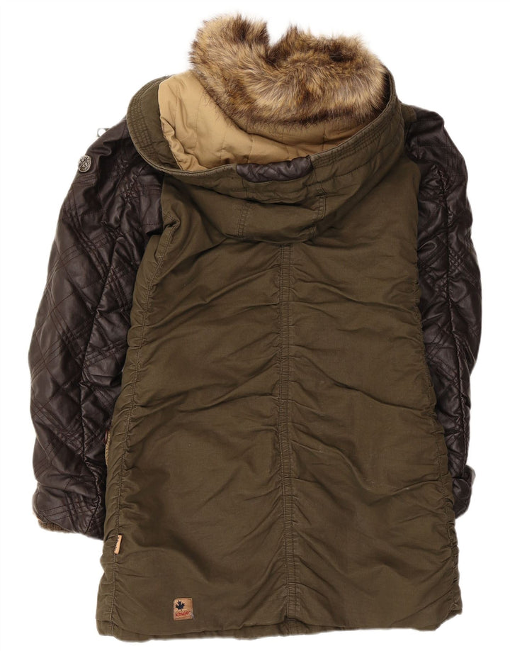 KHUJO Damen-Parkajacke mit Kapuze, UK 14, Größe L, Khaki, Farbblock-Polyester
