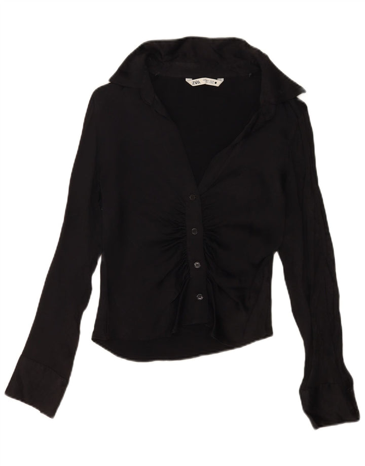 Zara Damen Crop Shirt Bluse UK 10 Small Schwarze Viskose