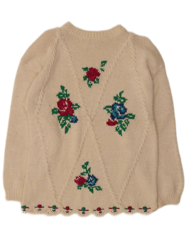 Vintage Damen Rundhalspullover Pullover UK 14 Medium Off White Floral Ramie