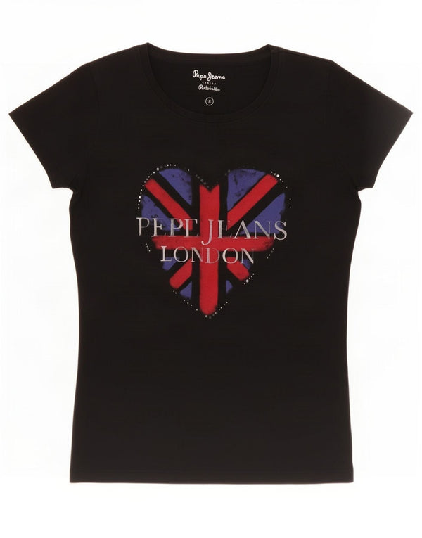 PEPE Jeans Damen-T-Shirt mit Grafik, UK 10, Größe S, Schwarz, Baumwolle