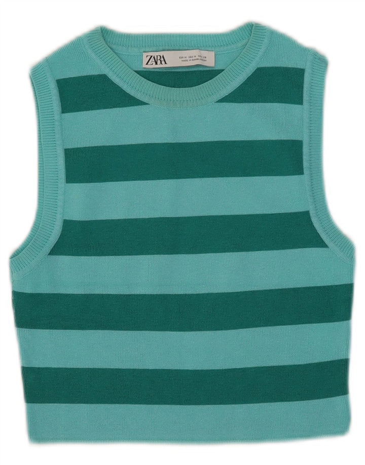 Zara Damen Crop Vest Top UK 12 Mittelgrün gestreifte Viskose
