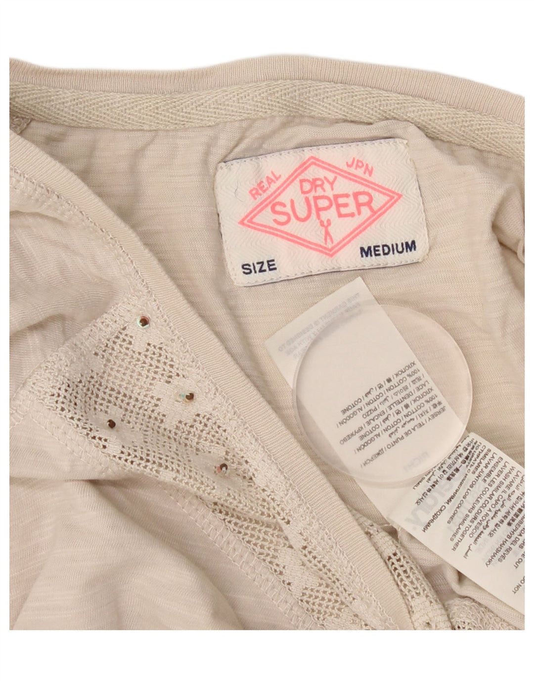 Superdry Damen-Blusenoberteil mit 3/4-Ärmeln, UK-Größe 12, mittelbeige Baumwolle