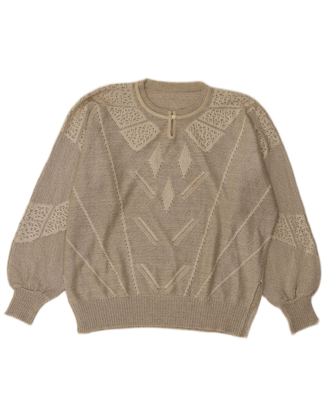 Vintage Damen Pullover mit Knopfkragen, Gr. 14, groß, grau, geometrisch