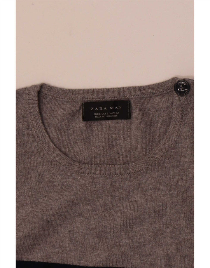 Zara Herren-Pullover mit Rundhalsausschnitt, groß, grau gestreift