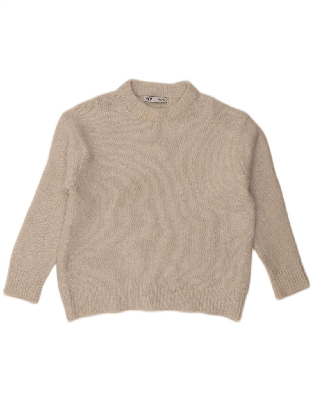 Zara Damen-Pullover, übergroß, Rundhalsausschnitt, UK 14, Mittelweiß, Polyester