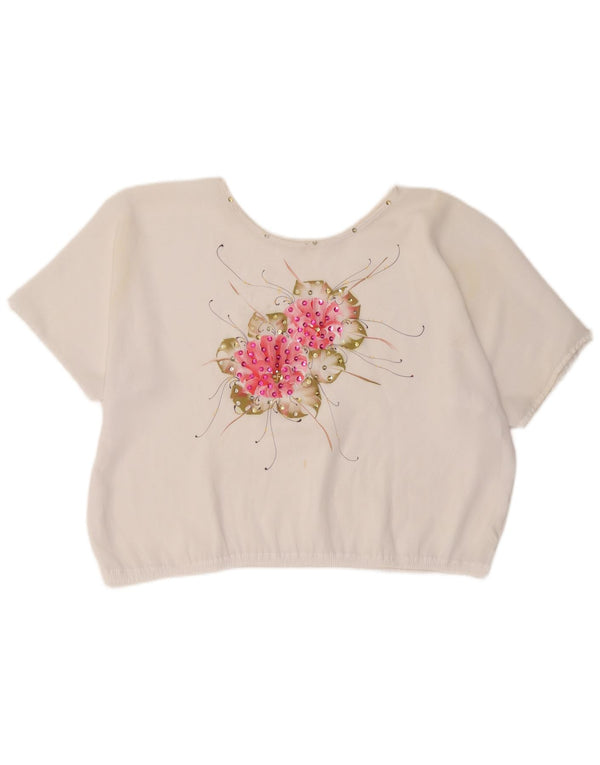 Vintage Damen Crop Bluse Top UK 18 XL Weiß geblümt
