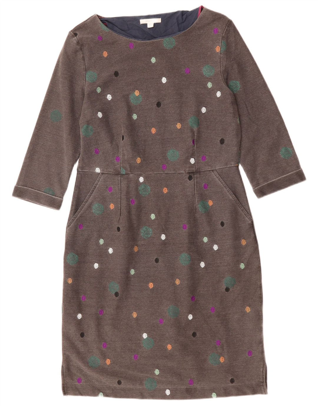 WHITE STUFF Damen Etuikleid mit 3/4-Ärmeln, UK 12, Mittelgrau gepunktet