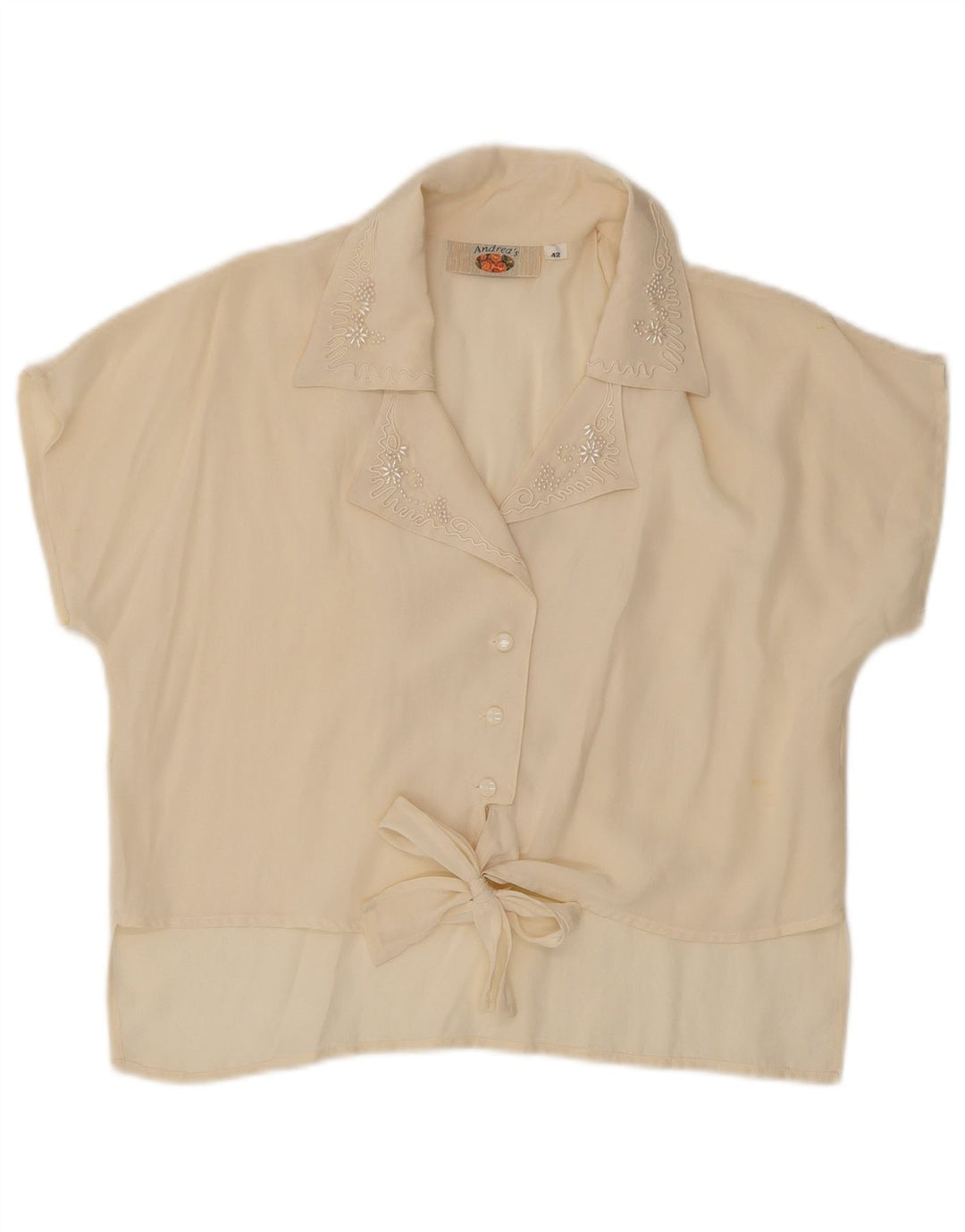 Andrea's Damen-Hemdbluse mit Vorderkrawatte, EU 42, groß, beige geblümt