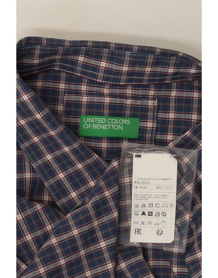 Benetton Herrenhemd 2XL Marineblau kariert Baumwolle