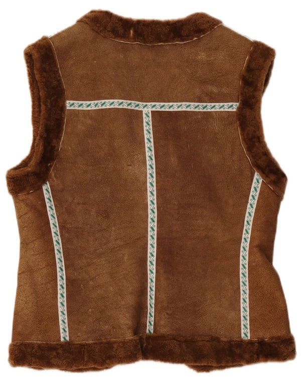 Vintage Damen Shearling Gilet UK 12 Mittelbraun Geometrisch