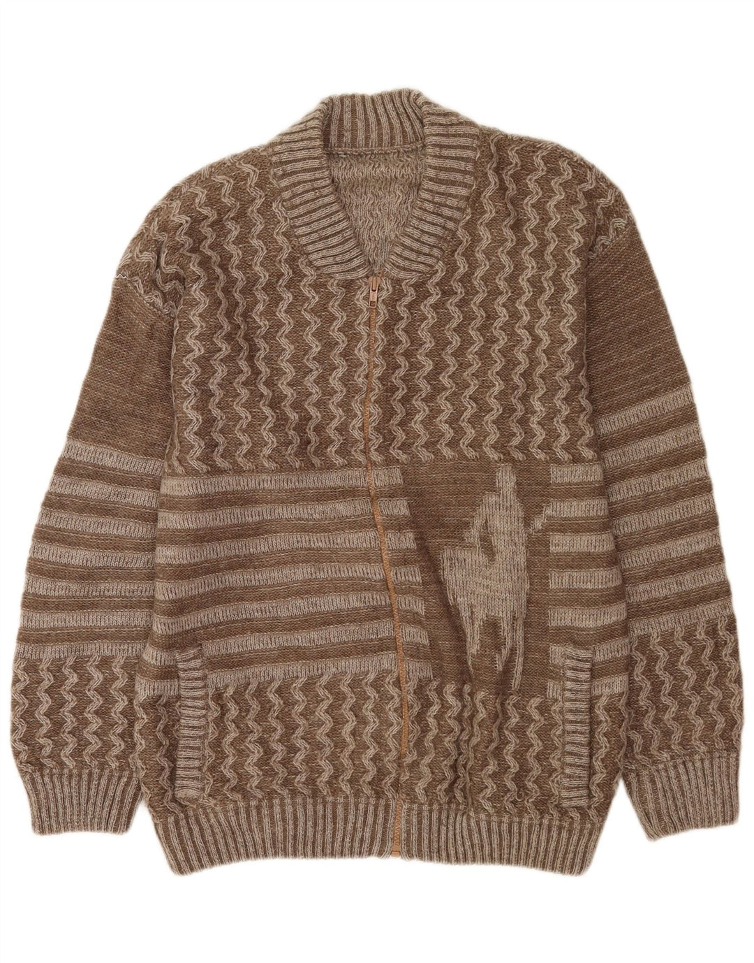 Vintage Herren-Cardigan mit Grafik, groß, braun, Patchwork-Wolle