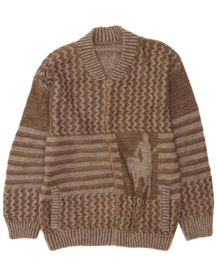 Vintage Herren-Cardigan mit Grafik, groß, braun, Patchwork-Wolle