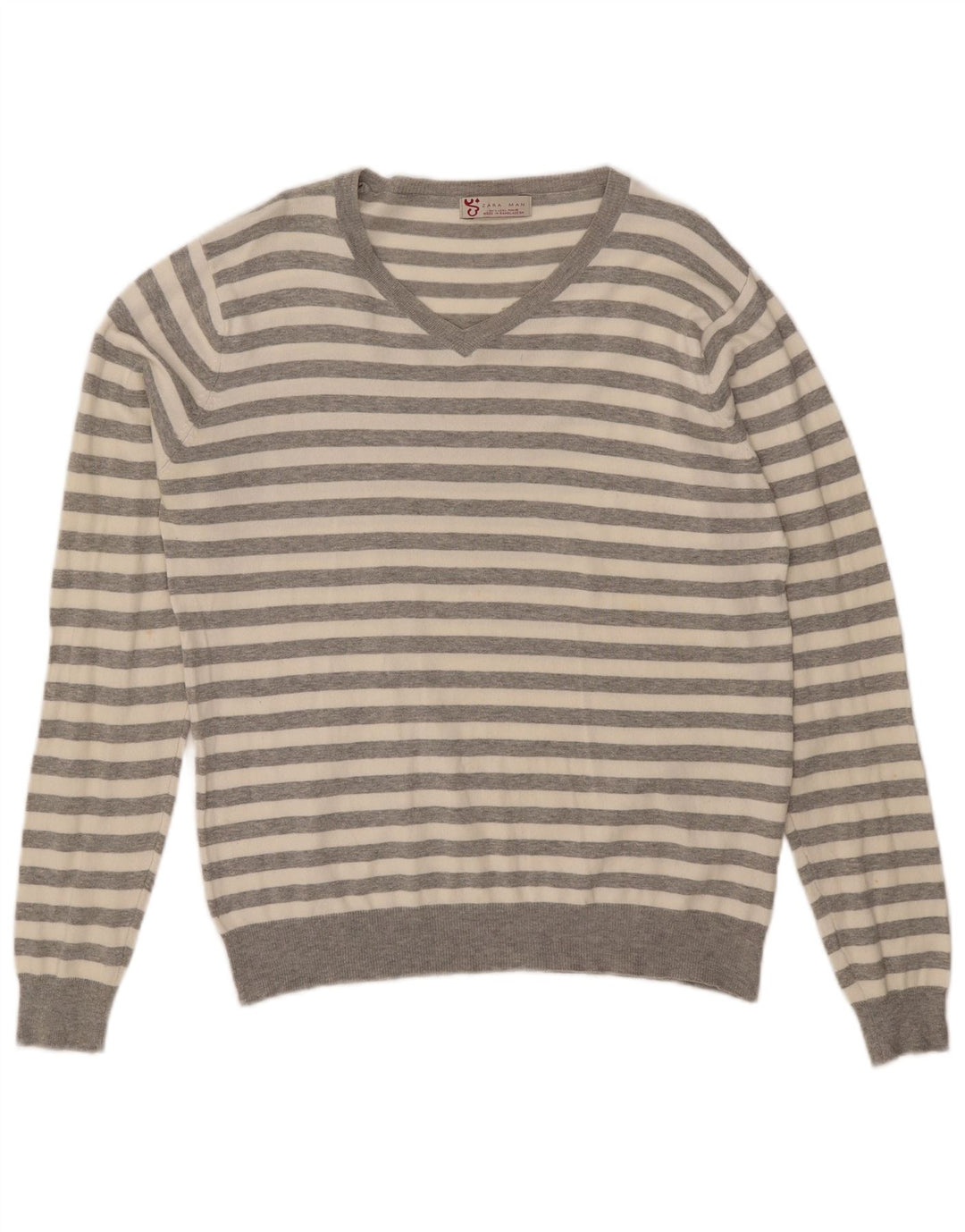 Zara Herren-Pullover mit V-Ausschnitt, groß, grau gestreift, Baumwolle