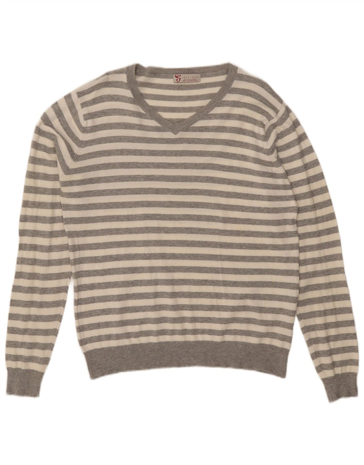 Zara Herren-Pullover mit V-Ausschnitt, groß, grau gestreift, Baumwolle