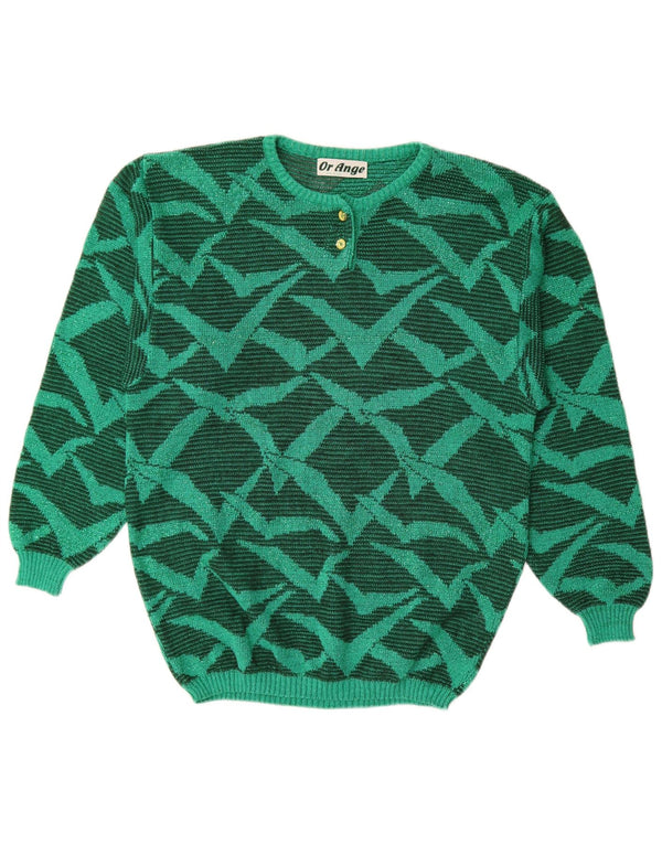 Vintage Damen Pullover mit abstraktem Muster und Rundhalsausschnitt, Gr. 16, groß, grün
