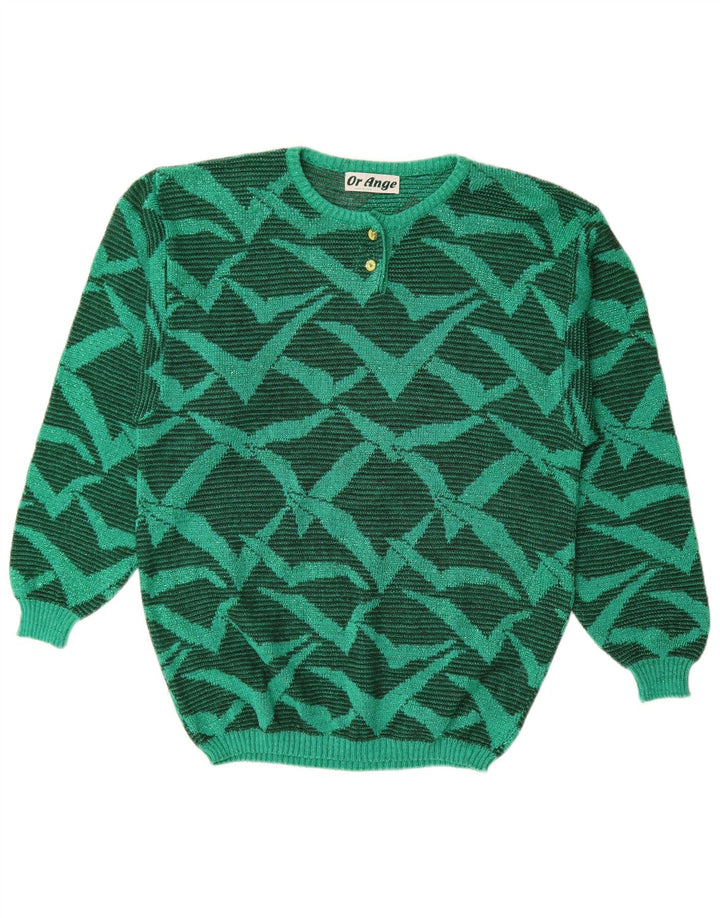 Vintage Damen Pullover mit abstraktem Muster und Rundhalsausschnitt, Gr. 16, groß, grün