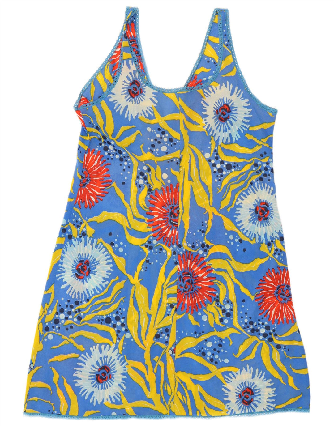 VINTAGE Damen Slip-Kleid mit abstraktem Muster UK 12 Mittelblau