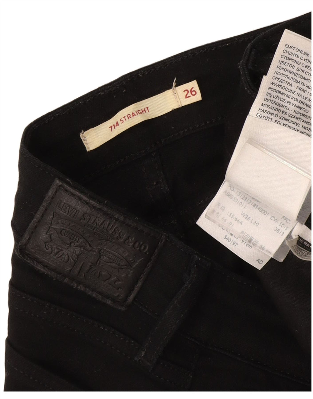 Levi's Damen 714 Straight Jeans W26 L30 Schwarze Baumwolle