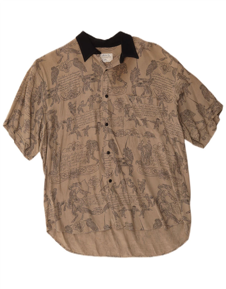 Vintage Herren-Kurzarmhemd mit abstraktem Muster, große graue Baumwolle