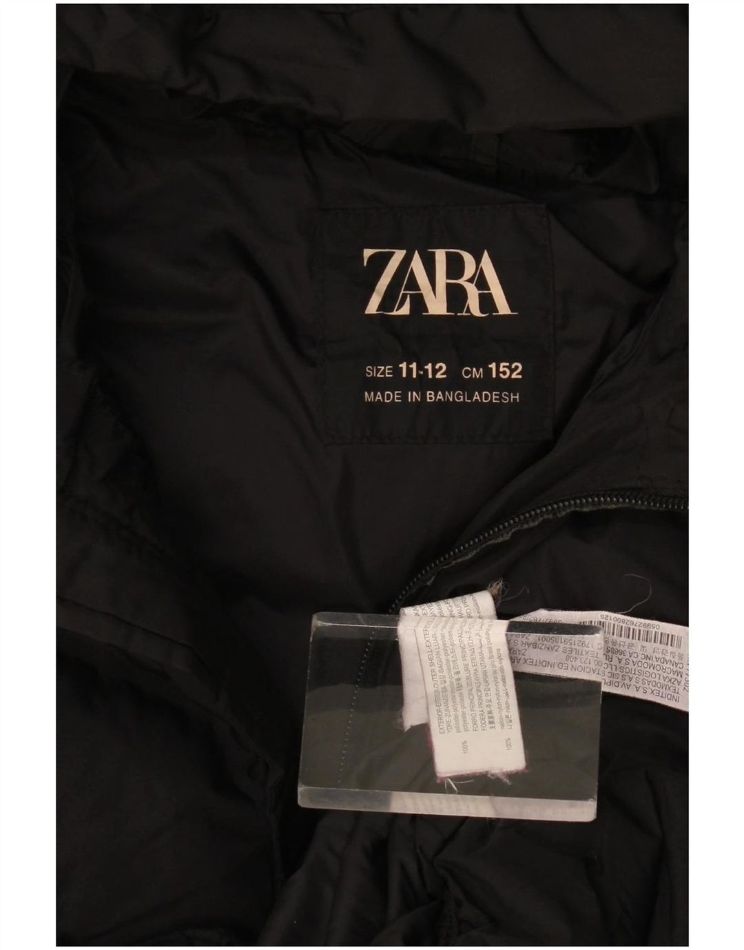 Zara Wattierte Jacke mit Kapuze für Mädchen, 11–12 Jahre, schwarzes Polyester