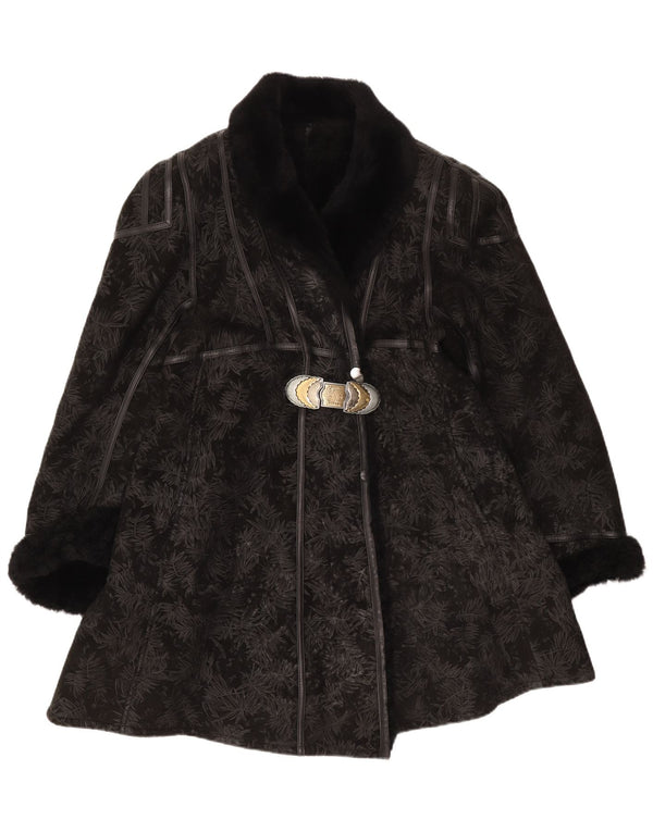 Vintage Damen Shearling Mantel IT 44 Medium Black Floral Shearling