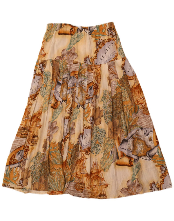 Vintage Damen Grafik ausgestellter Rock XL W34 Beige Blumen Viskose