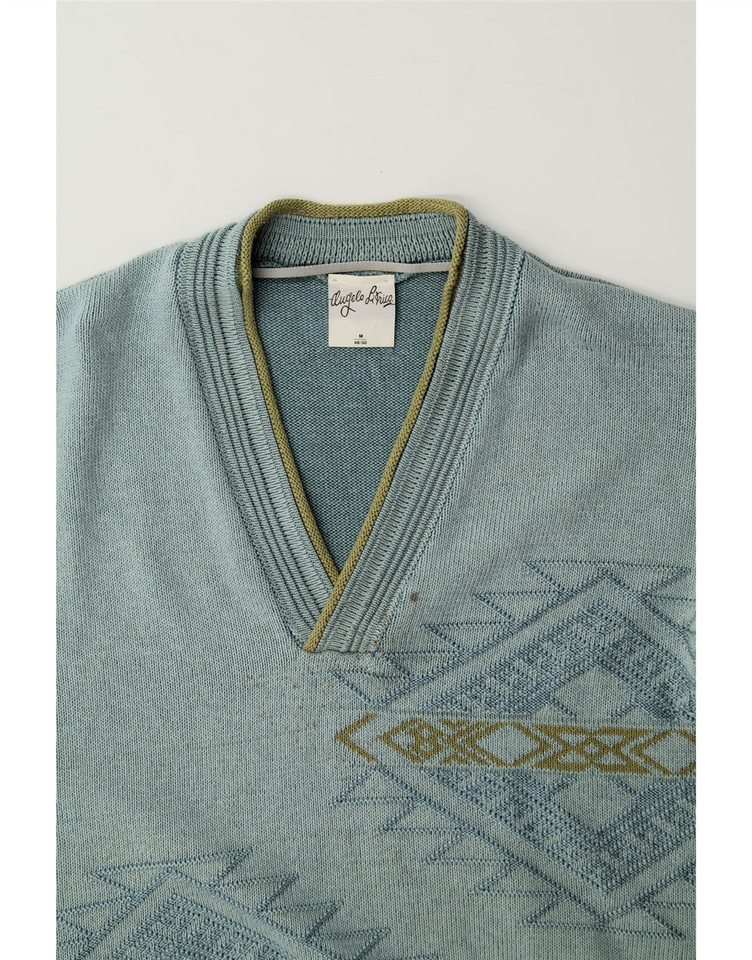 ANGELO LITRICO Mens V-Neck Jumper Sweater IT 48/50 Medium Blue Geometric Vintage Angelo Litrico and Second-Hand Angelo Litrico from Messina Hembry 