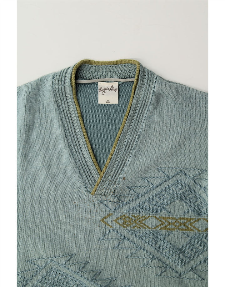 ANGELO LITRICO Mens V-Neck Jumper Sweater IT 48/50 Medium Blue Geometric Vintage Angelo Litrico and Second-Hand Angelo Litrico from Messina Hembry 