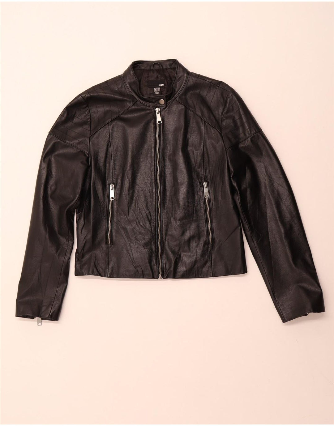 H&M Damen Crop Lederjacke UK 16 Large Schwarzes Leder