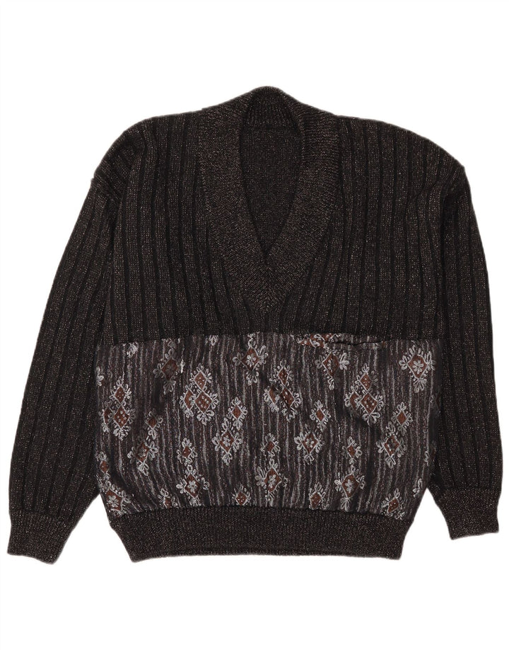 Vintage Herren V-Ausschnitt Pullover Pullover Groß Schwarz Fair Isle
