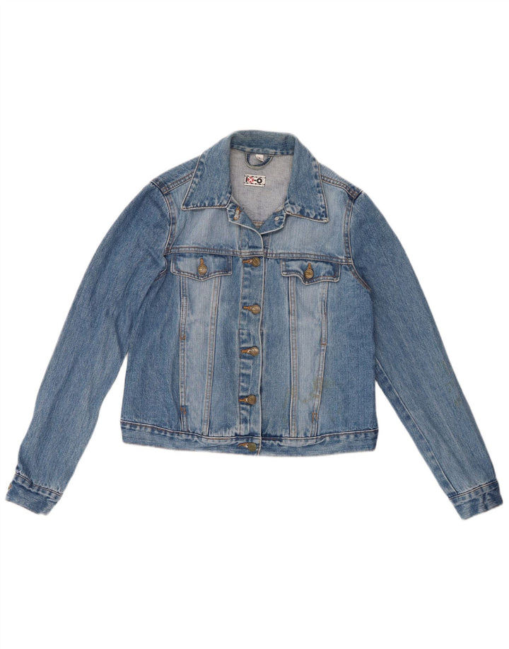 VINTAGE Damen Crop Jeansjacke UK 14 Große blaue Baumwolle