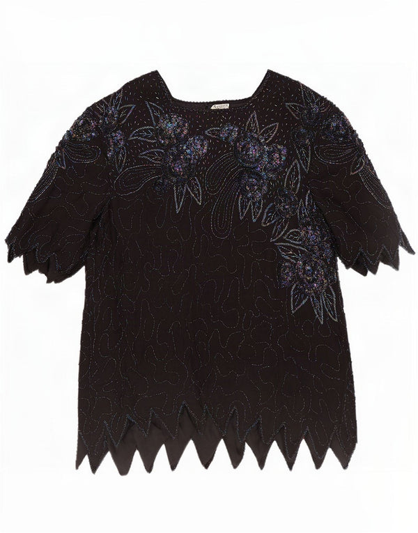 Vintage Damen Abendbluse Top UK 18 XL Schwarz geblümte Seide