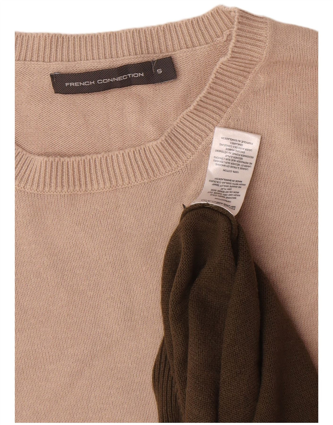 French Connection Herren-Pullover mit Rundhalsausschnitt, Größe S, Khaki, Farbblock