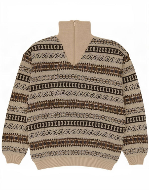 Vintage Herren-Pullover mit Reißverschluss, IT 54 XL, beige, geometrisches Acryl