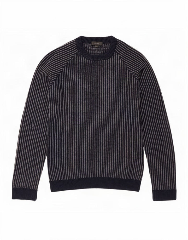 Cos Herren-Pullover mit Rundhalsausschnitt, klein, marineblau, gestreift, Wolle