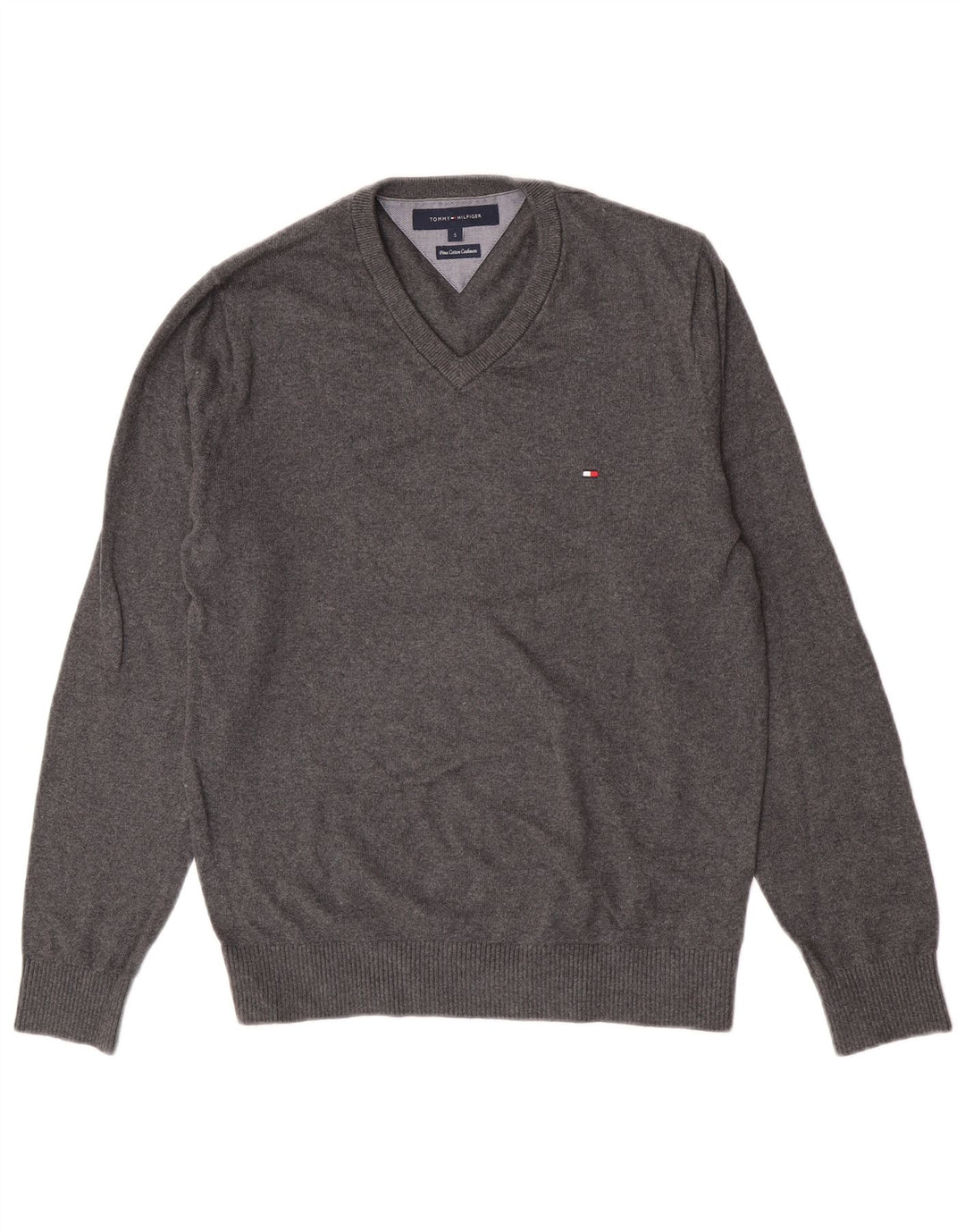 Tommy Hilfiger Herren-Pullover mit V-Ausschnitt, Größe S, graue Baumwolle