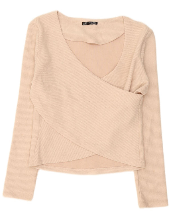 Zara Womens Long Sleeve Blouse Top UK 14 Large Beige Polyester
