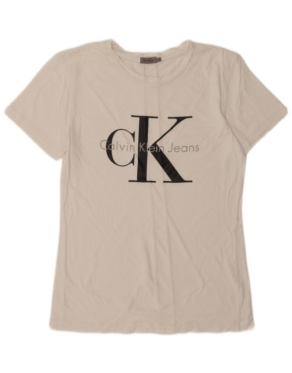 Calvin Klein Jeans Damen Grafik-T-Shirt-Oberteil UK 12 Mittelweiß