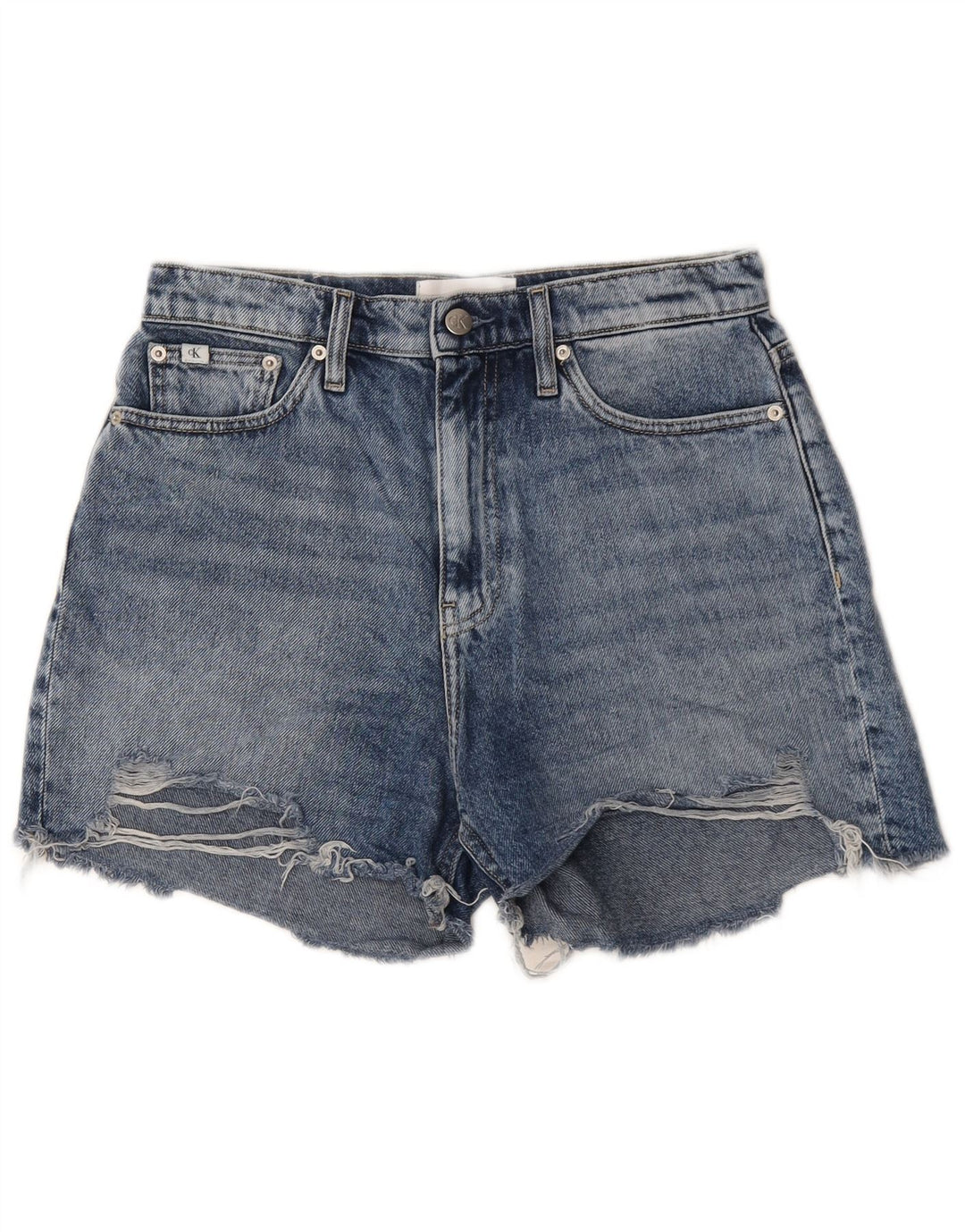 Calvin Klein Damen Denim Distressed Hot Pants W28 Mittelblaue Baumwolle
