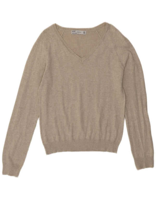 Zara Damen-Pullover mit V-Ausschnitt, Gr. 14, Beige