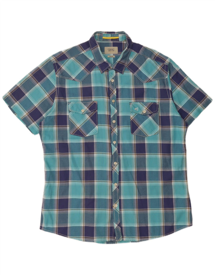 CAMEL ACTIVE Mens Fitted Short Sleeve Shirt XL Blue Check Cotton