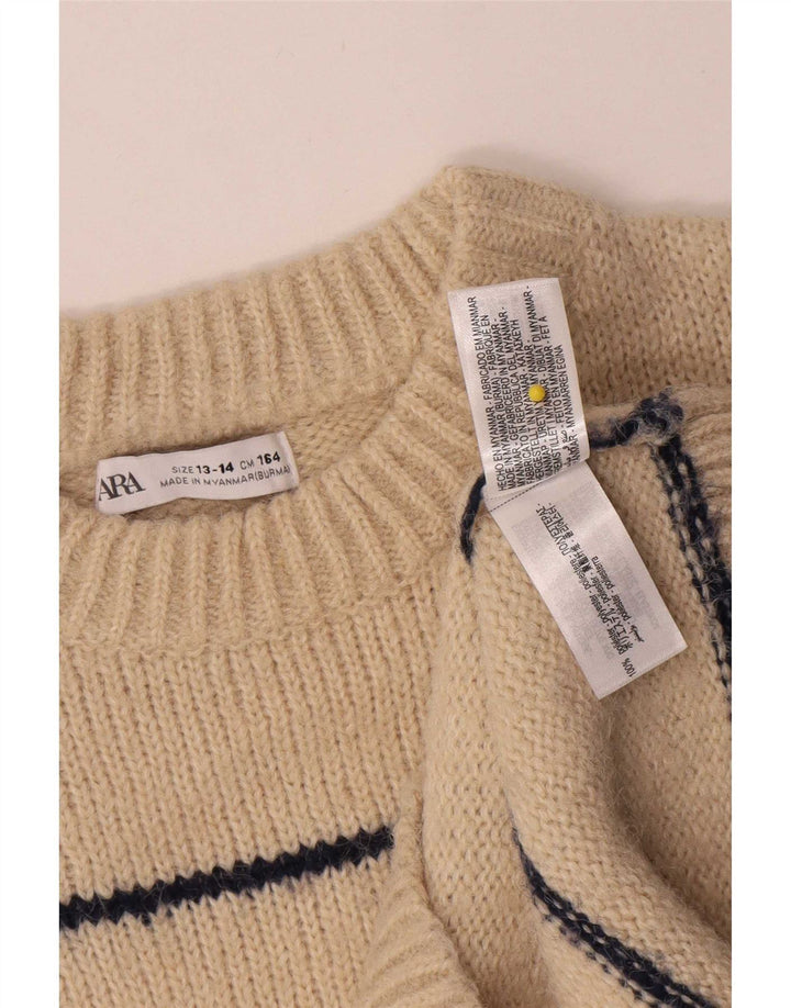 Zara Jungen-Pullover mit Rundhalsausschnitt, 13–14 Jahre, beige gestreift, Polyester