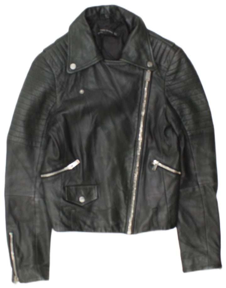 Zara Damen Crop Leder Bikerjacke UK 12 Medium Schwarz