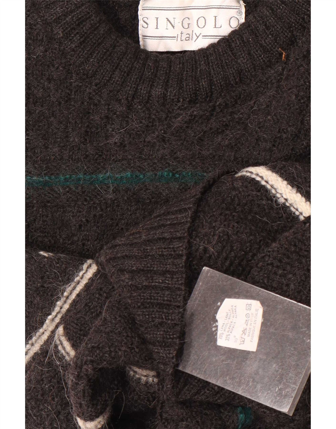 Vintage Herren-Pullover mit Rundhalsausschnitt, mittelgrau, gestreift, Wolle