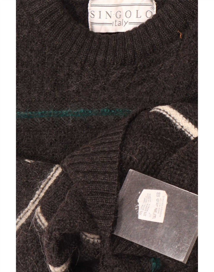 Vintage Herren-Pullover mit Rundhalsausschnitt, mittelgrau, gestreift, Wolle
