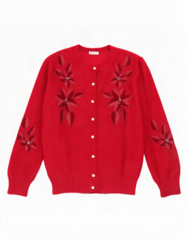 Vintage Damen Cardigan Pullover UK 16 Großes rotes Blumenmuster