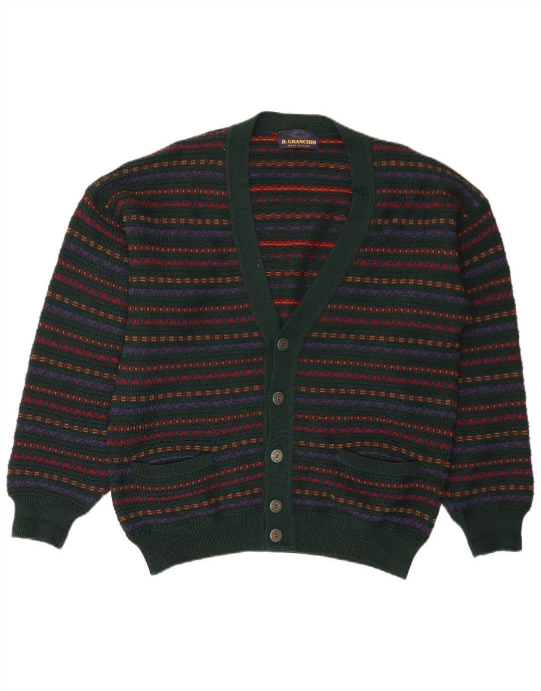 Il Granchio Herren-Strickjacke aus mittelgrüner, gestreifter Wolle