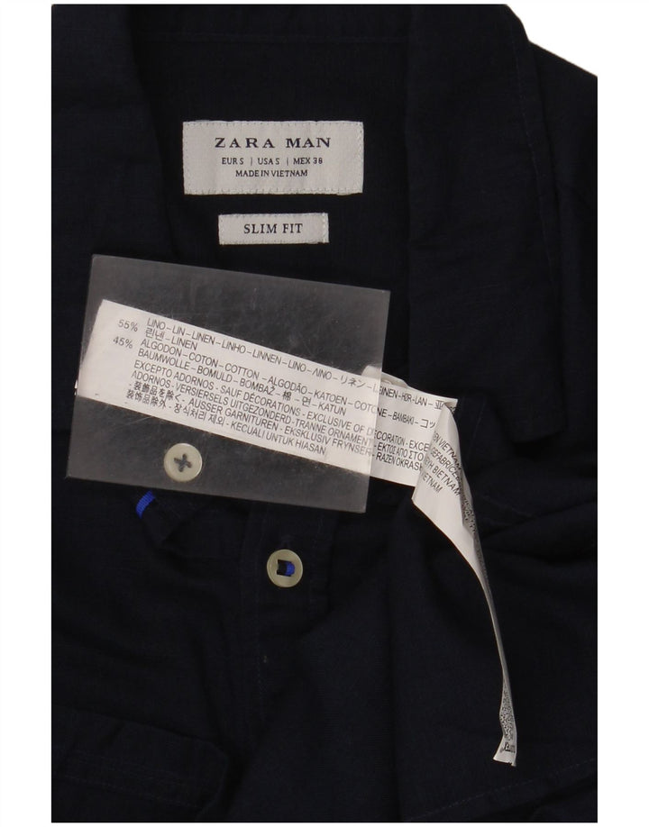 Zara Herren Slim Fit Hemd Small Marineblaues Leinen