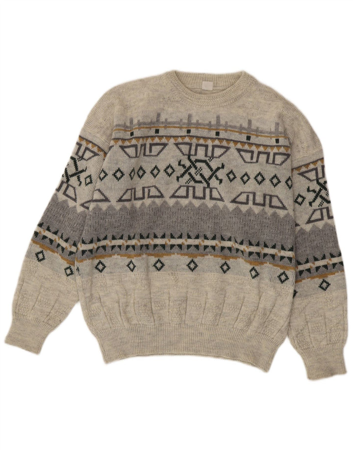 Vintage Herren Pullover mit Rundhalsausschnitt IT 50 Mittelgraues geometrisches Acryl
