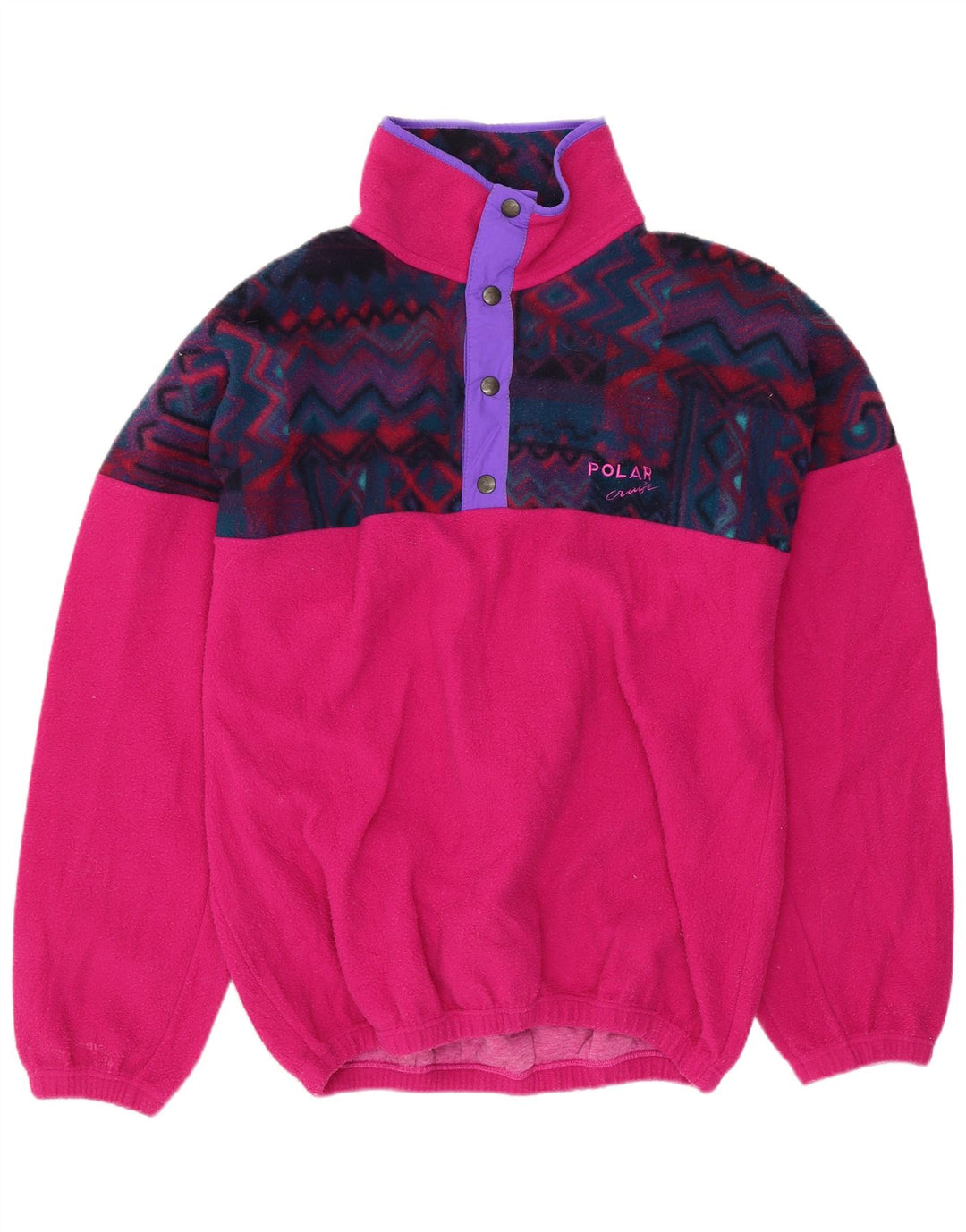 Vintage Herren-Fleecepullover mit Knopfkragen, klein, rosa, geometrische Baumwolle